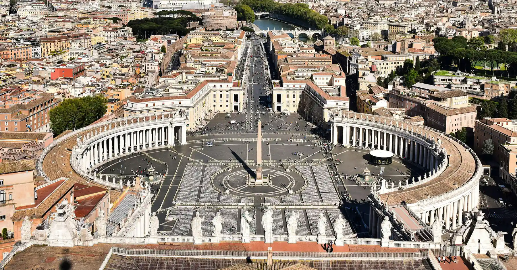 Spectacular aerial view of St Peter’s Square, the Vatican and Via della Conciliazione with colonnades and obelisk in Rome - Barberini 16, BZAR hotels in Rome